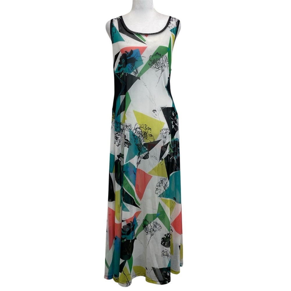 Lynn Ritchie Silver Vintage 90s White Floral & Geo Shape Print Mesh Maxi Dress